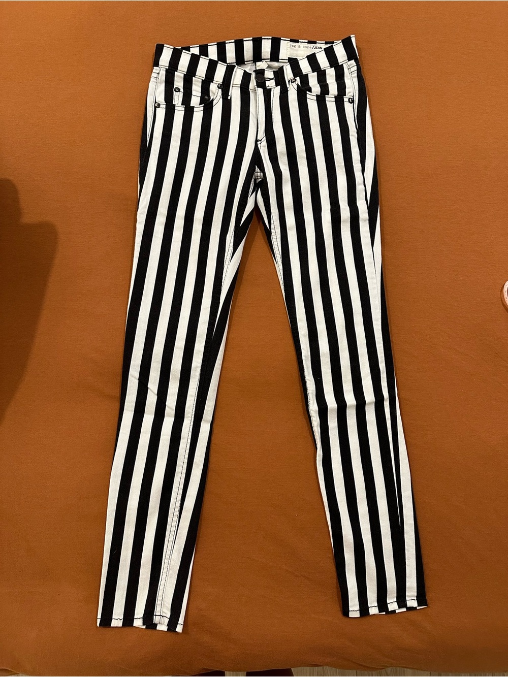rag & bone Black and White Vertical Stripe Skinny Jeans